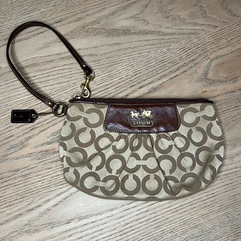 COACH Signature Wristlet Logo Leather Mini Bag Y2K Tan Brown